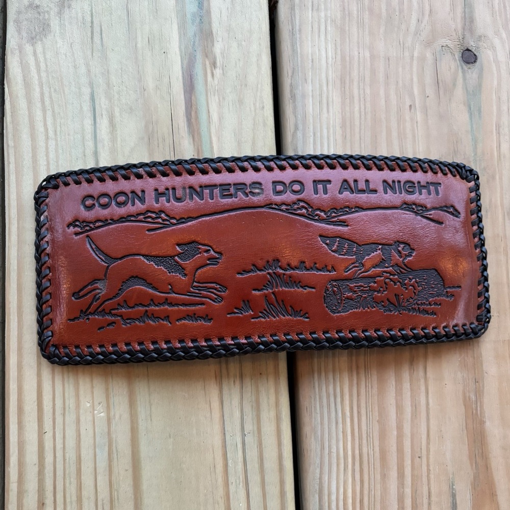 Vintage Handmade Leather Wallet Coon Hunting Bifold Hand Tooled Whipstitch USA